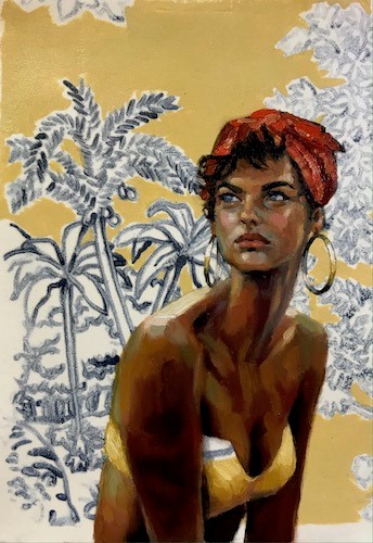 Vintage mixed media painting of a girl in a bathing suit