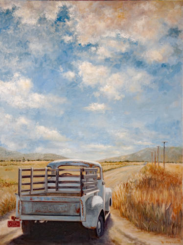 Painting of a truck on a country road