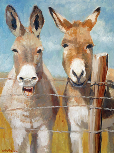 painting of two donkeys at a fence