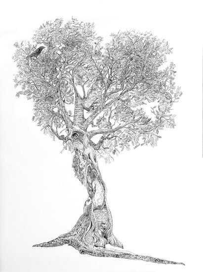 Pen and ink drawing of a twisted tree