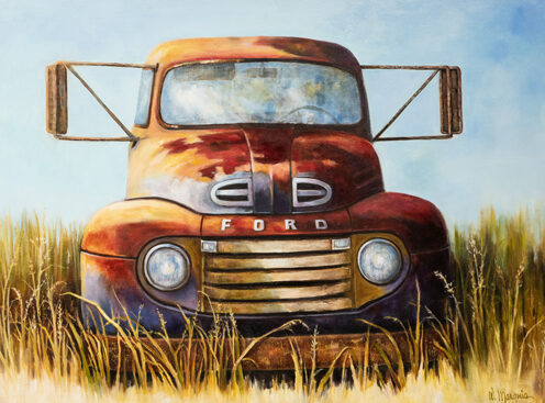 painting of an old truck in the weeds