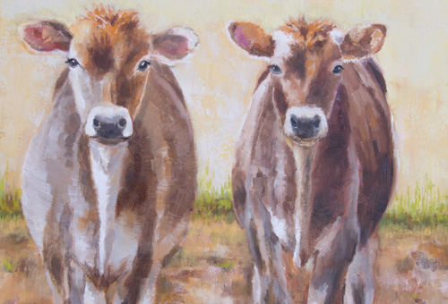 oil painting of two cows