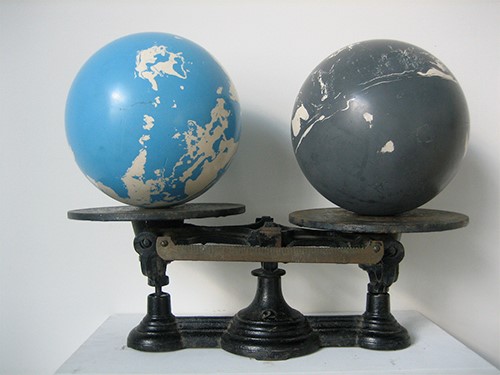 sculpture with bowling balls