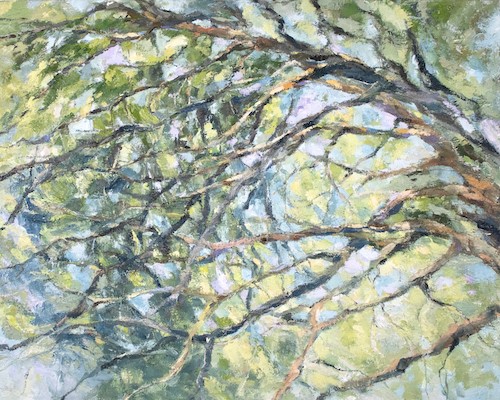 Oil painting, light in branches