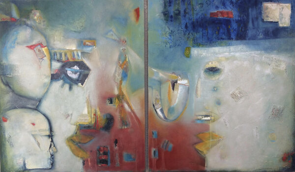 Diptych of cubist portraits of a family