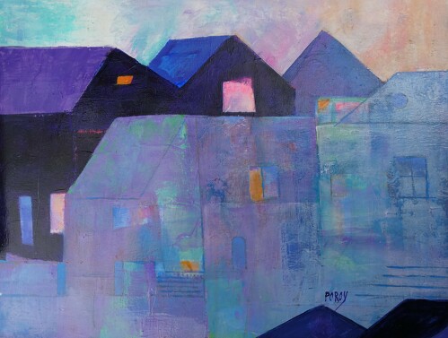 abstract painting of houses in blues