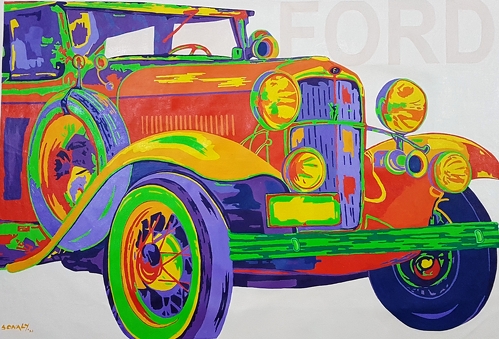 Colorful painting of a vintage Ford auto