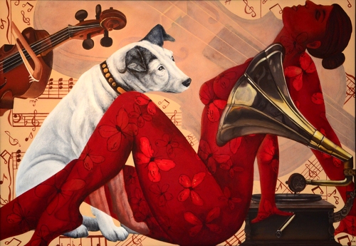 Painting of a woman, Victrola and dog