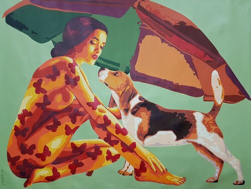 Contemporary painting of a woman and dog