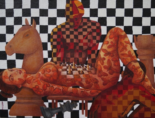 painting of a couple as chess boards