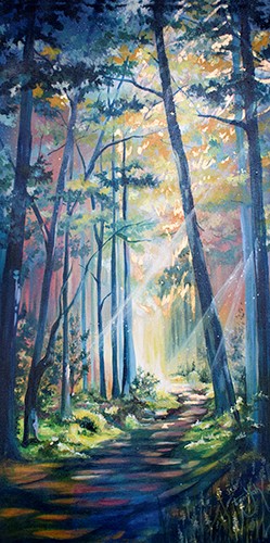 Light-filled forest landscape painting