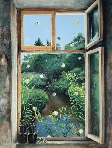 Whimsical oil painting of an open window with bubbles