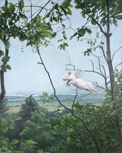 oil painting of a landscape with a flying pig