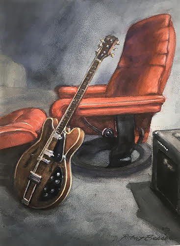 watercolor painting of musical instruments