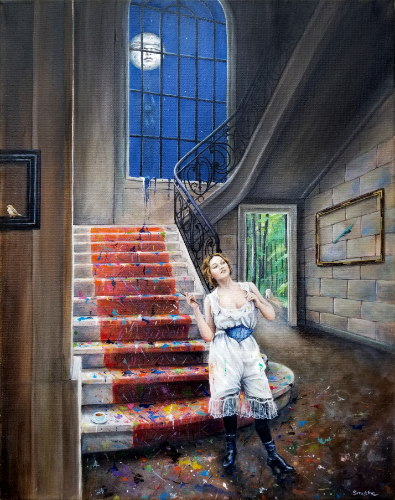 dramatic oil painting of a woman on a staircase by artist Ann Smythe
