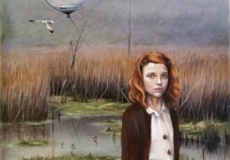 Surreal oil painting of a young girl in a landscape