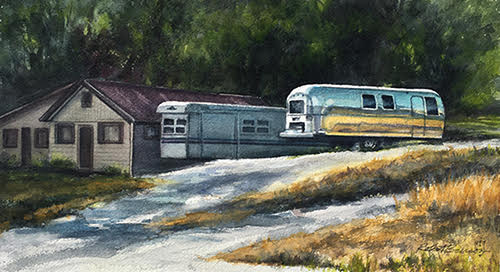 landscape painting with airstream trailers