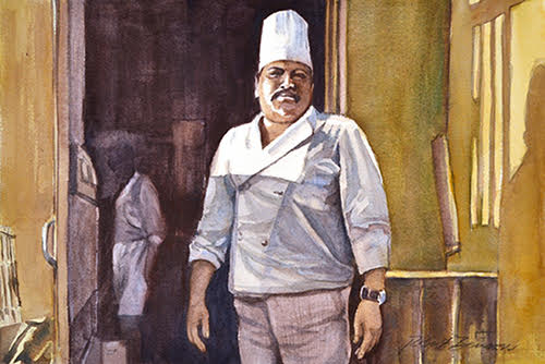 Painting of a chef by watercolor artist Robert Benson