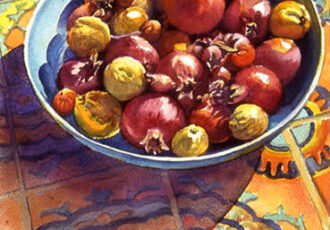 watercolor painting of a bowl of pomegranates