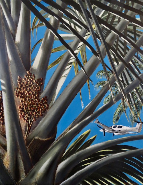 pintura al óleo de una palmera con avión