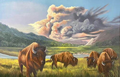 oil painting of bison in a western landscape