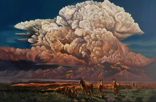 Southwestern landscape painting with heavy clouds