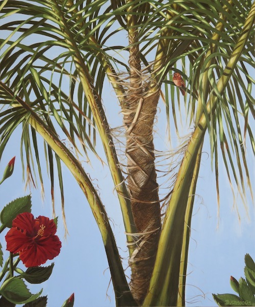 painting of a hummingbird in a palm tree