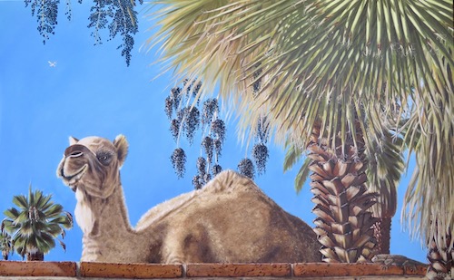 pintura al óleo de un camello y una palmera