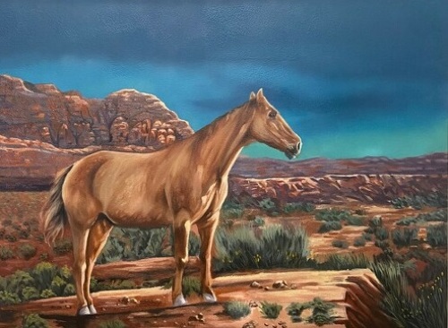 Oil painting of a horse in a Western landscape