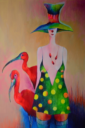 Painting of a woman and two birds by Magda Betkowska