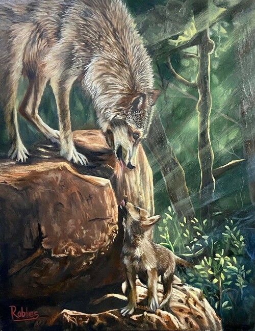 Painting of a wolf and her cub 