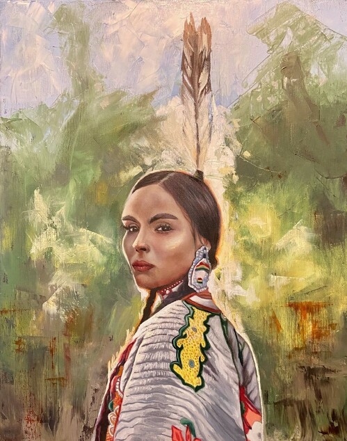 Oil painting of a young Native American woman