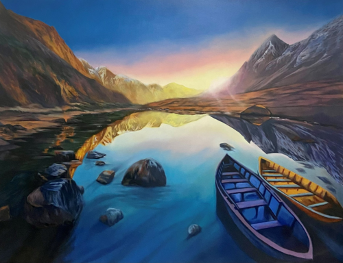 oil painting of boats on the water in Nepal