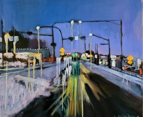 Painting of cars commuting on a highway