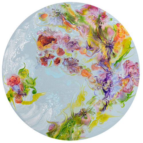 Round floral fluid p our painting floral by artist Merinda Crowder