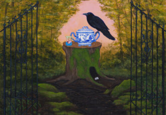 acrylic painting of a bird and teapot in a landscape