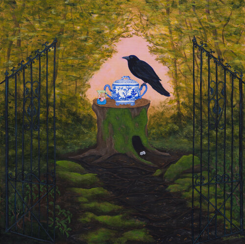 acrylic painting of a bird and teapot in a landscape