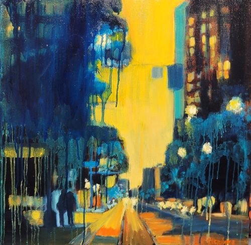 Colorful urban landscape painting at sunset