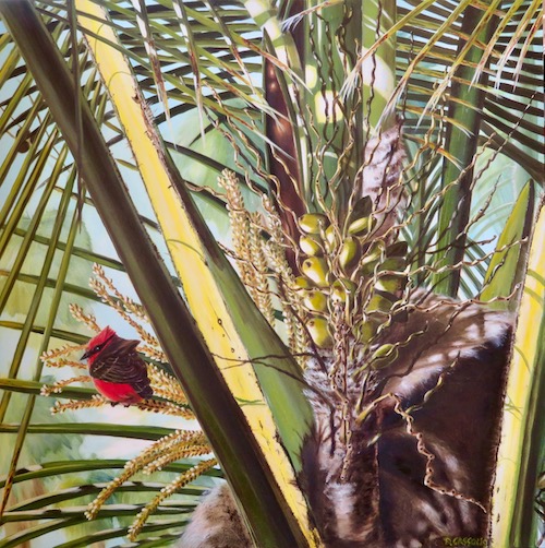 oil painting of a flycatcher in a palm tree