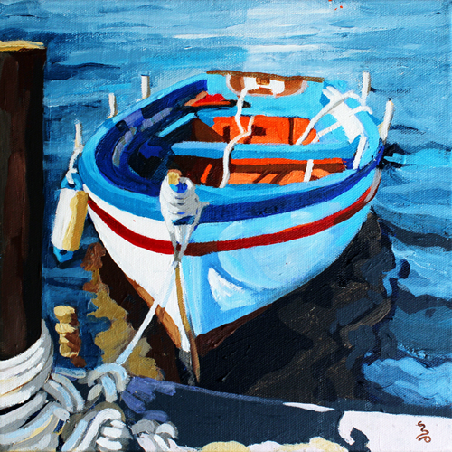 painting of a dinghy at the dock