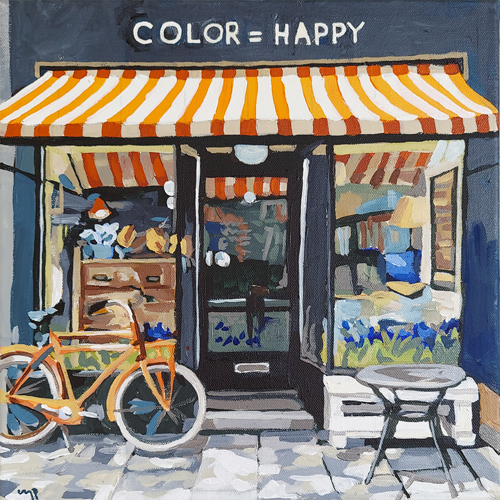 painting of a storefront with bicycles