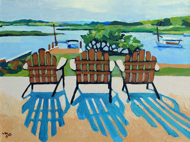 Painting of deck chairs at the beach