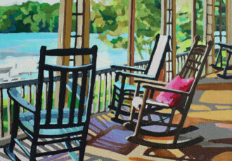 painting of rocking chairs on a porch