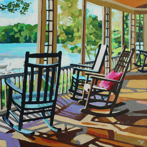 painting of rocking chairs on a porch