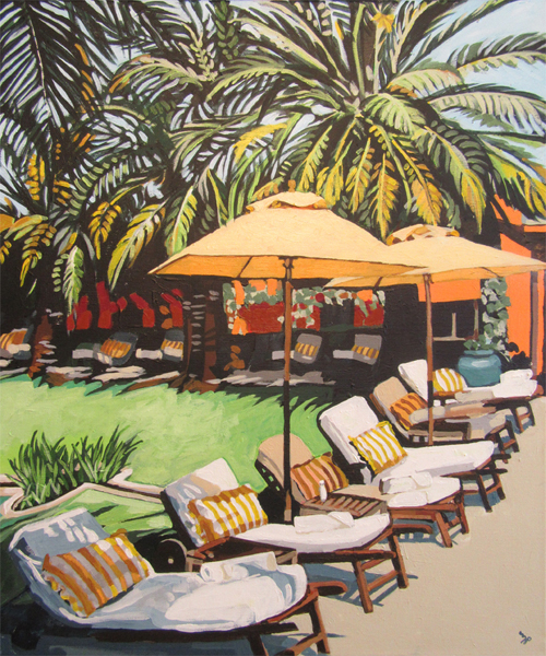 Painting of beach chairs and umbrellas