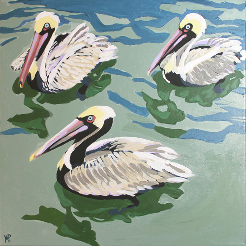 painting of three pelicans
