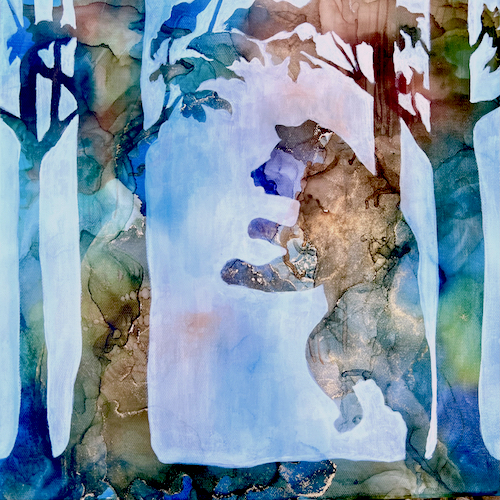 mixed media art bear in the woods