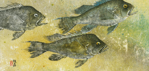 Seabass artwork using Japanese printmaking technique