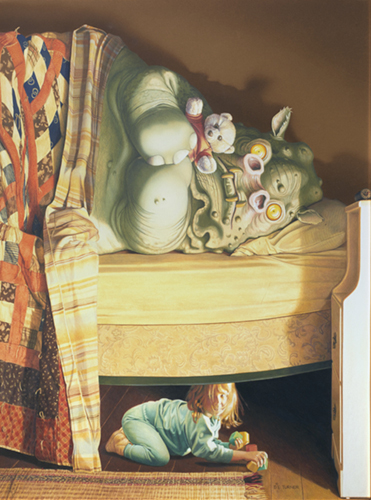 painting of a child hiding under a bed by Diane Turner