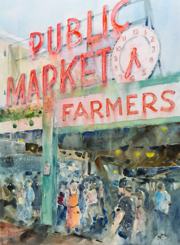 watercolor painting of Pike Place Market by Tim Gault